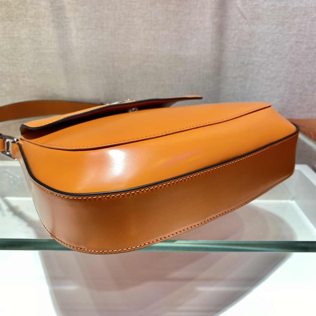 Prada Cleo Brushed Leather Shoulder Bag With Flap Orange 1BD303